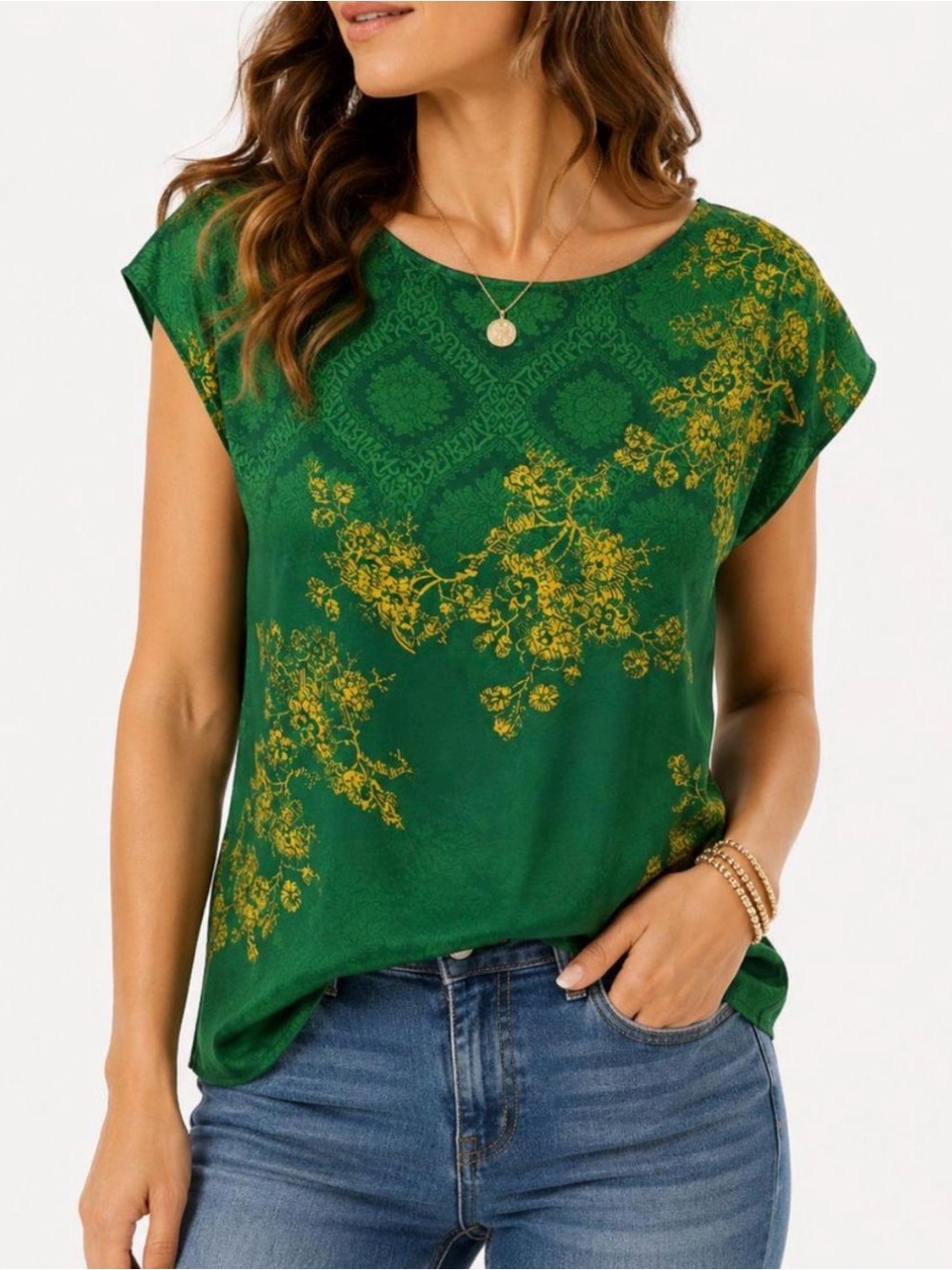 CAbi Green w Envy Floral Chiffon Cap Sleeve Blouse #597 Semi Sheer Sz M Demask